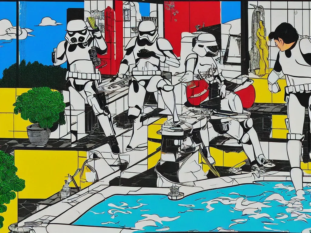 Image similar to hyperrealism composition of the japanese house with a hot springs in the garden, two detailed stormtroopers bathe in a hot spring, pop - art style, jacky tsai style, andy warhol style, roy lichtenstein style, acrylic on canvas