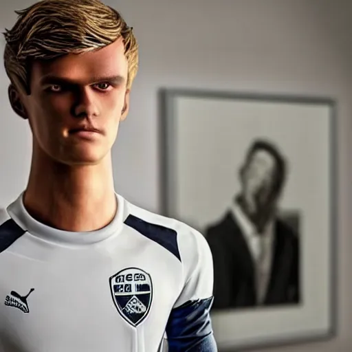 Image similar to a realistic detailed photo of a guy who is an attractive humanoid who is half robot and half humanoid, who is a male android, soccer player martin ødegaard, shiny skin, posing like a statue, blank stare, in a living room, on display, showing off his muscles, spiral eyes