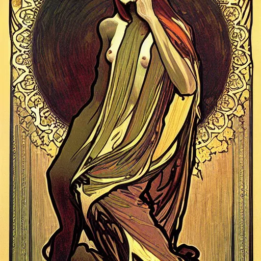 Image similar to death, painted by alphonse mucha