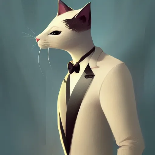 Image similar to cute fashion vogue kittycat man man wearing a cat costume wearing a tuxedo ripped physique gerald brom bastien grivet greg rutkowski portrait