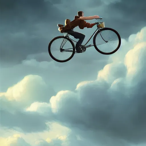 Prompt: A warm atmosphere fancy portrait of a happy man flying in the sky on his bicycle in the clouds, perfect expression, Ross Tran, Greg Rutkowski, Maciej Kuciara, 8k photorealistic, volumetric lighting, dramatic, trending on artstation