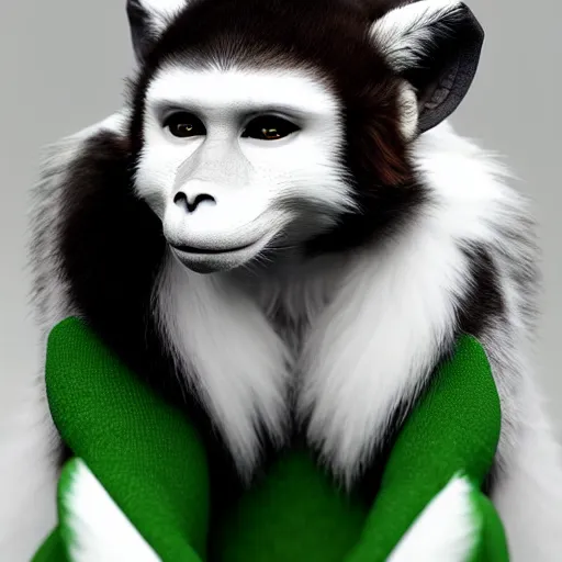 Image similar to fox as a monkey, fluffy white - fur, black - ears, stunning green - eyes, extremely long white - tail with black - tip, award winning creature portrait photography, extremely detailed, artstation, 8 k, sensual lighting, incredible art, wlop, artgerm