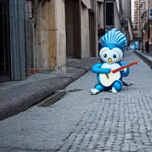 Prompt: Doraemon homeless and depressed, playing guitar on an empty city street during the day