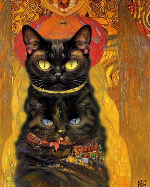 Image similar to demonic cat portrait an oil painting splashes with many colors and shapes by gustav klimt greg rutkowski and alphonse mucha, polycount, generative art, psychedelic, fractalism, glitch art