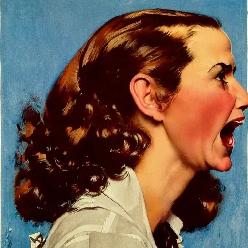 Prompt: head and shoulders portrait of woman, fierce, shouting, snarling, fully clothed, three quarter profile, norman rockwell, jacob collins, tom lovell, frank schoonover