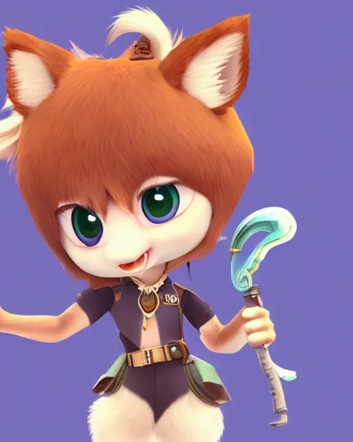 Image similar to female furry mini cute style, highly detailed, rendered, ray - tracing, cgi animated, 3 d demo reel avatar, style of maple story and zootopia, maple story gun girl, fox from league of legends chibi, soft shade, soft lighting