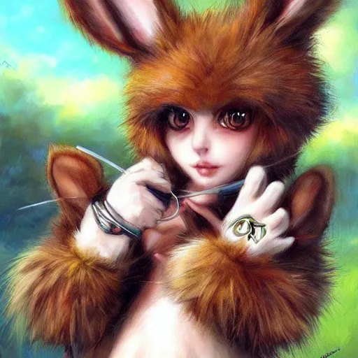 Image similar to cute anthropomorphic bunny, green eyes, light brown fur, wlop, artgerm, royo