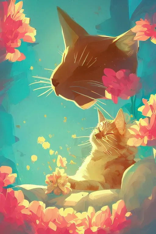 Image similar to a digital art of a cat sleeping in the room with flowers around in the afternoon, the sun shines in, animal, light effect, highly detailed, by anton fadeev