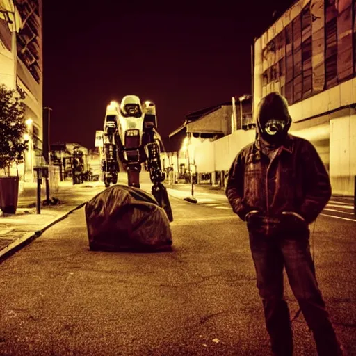 Image similar to giant robot at night, humanoid, eyes, historical photo, grainy, vintage, stark light, dramatic lighting, evil smile, street at night, cars in the background, trash on the ground, night sky, scary, evil