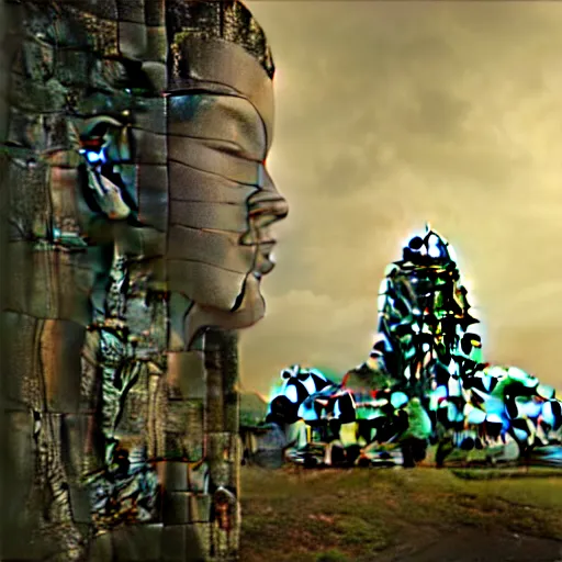 Image similar to a cyberpunk angkor thom, photorealistic, blade runner, highly detailed