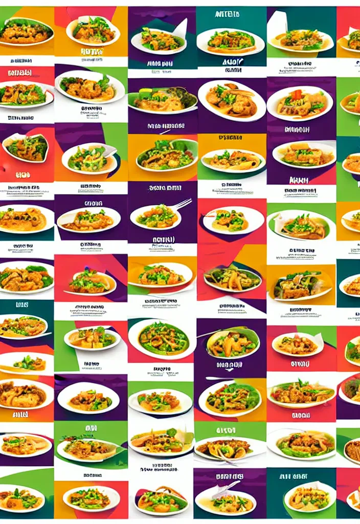 Image similar to alien restaurant's menu with pictures of offered meals, cardboard color print