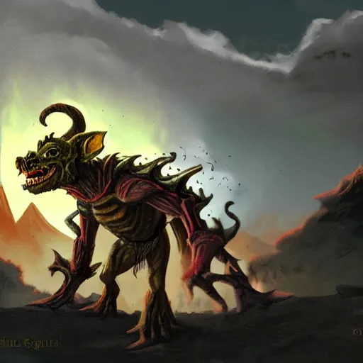 Prompt: a highly detailed goblin with dark skin and yellow eyes that glow, Like magic the gathering, goblin chainwalker, with a volcano in the background, digital art, by Christopher rush