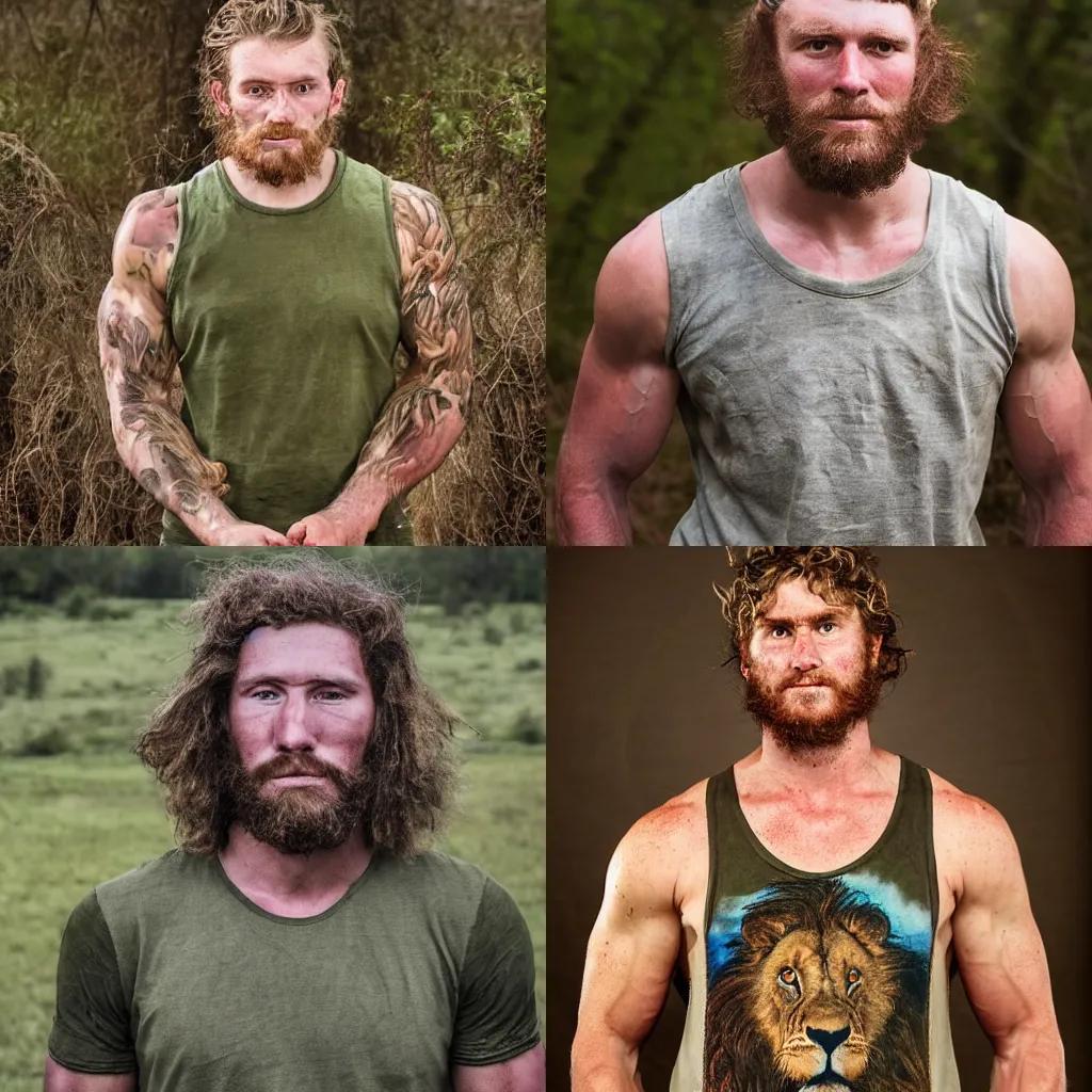 Prompt: portrait of Willie Ray Kerr, 27 year old farmhand and bushcrafter. broad, muscular, hirstute build. wearing a muscle tee. has an apex, wild, powerful, animalistic, vibrant aesthetic. looking at him feels like looking at a hungry lion. HD face photo portrait by Annie Liebovitz.