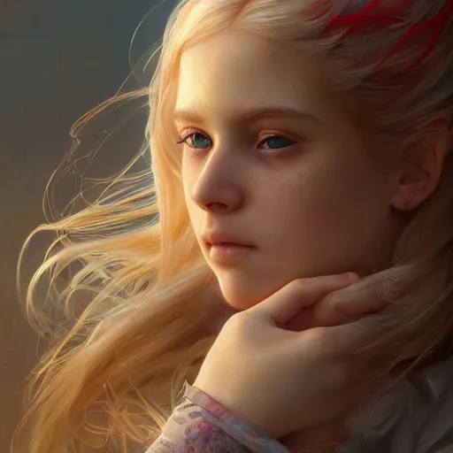 Image similar to portrait of a young girl with blond twin tail hair and red eyes, ultra realistic, concept art, intricate details, eerie, highly detailed, photorealistic, octane render, 8 k, unreal engine. art by artgerm and greg rutkowski and alphonse mucha