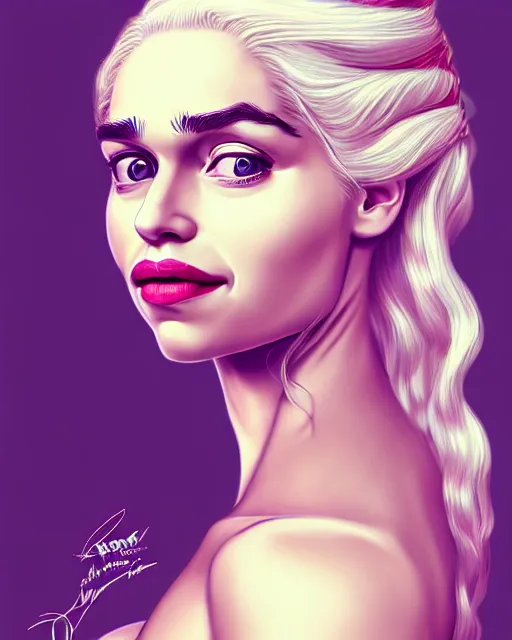 Prompt: closeup portrait happy beautiful daenerys targaryen with long blonde windblown hair in an ornate royal dress, standing on a street in chinatown, pink lipstick, glamour pose, detailed illustration, digital art, trending on artstation, arney freytag, frank miller, moebius, graffiti,