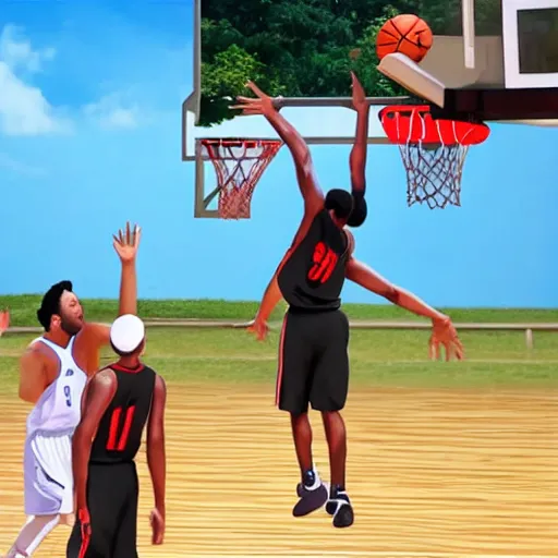 Prompt: Jesus dunks basketball into a net at a court, hd, 4k, realistic