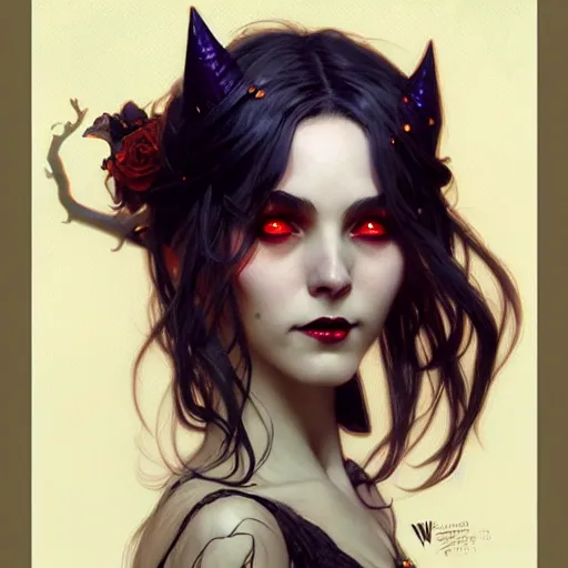 Image similar to halloween funny witch woman, fantasy magic, undercut hairstyle, intricate, elegant, sharp focus, illustration, highly detailed, digital painting, concept art, matte, art by wlop and artgerm and greg rutkowski and alphonse mucha, masterpiece