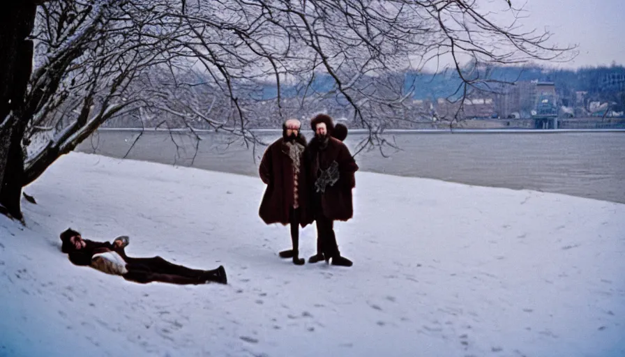 Prompt: 1 9 7 0 s movie still close - up portrait of marcus aurelius, skinny and ill on the bank of the danube with drapery and snow, cinestill 8 0 0 t 3 5 mm, high quality, heavy grain, high detail, cinematic composition, dramatic light, anamorphic, hyperrealistic