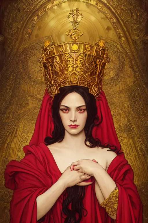 Image similar to Portrait of historically accurate, ancient biblical, sultry, sneering, evil, pagan, wicked, young queen jezebel, wearing gilded red robes, long black hair, intricate, elegant, highly detailed, digital painting, artstation, concept art, smooth, sharp focus, illustration, art by artgerm and greg rutkowski and alphonse mucha and andrei riabovitchev