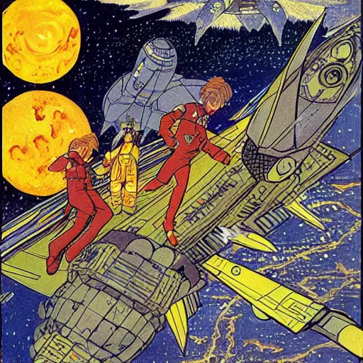 Image similar to spaceship battle, starry sky detailed ivan bilibin and edmund dulac and ilya kuvshinov and katsuhiro otomo