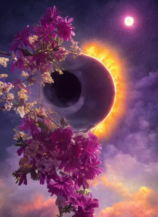 Image similar to An epic fantastic realism comic book style painting of the most beautiful flowers launched into space, bouquets, solar eclipse, fisheye, unreal 5, DAZ, hyperrealistic, octane render, dynamic lighting