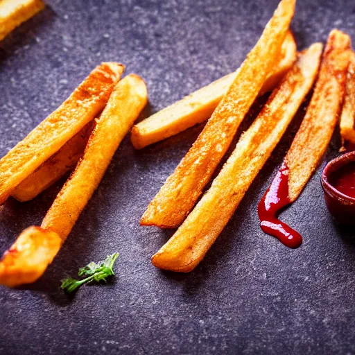 Prompt: macro photo of french fry being dipped in ketchup