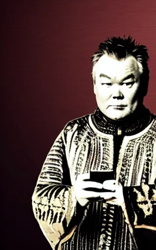 Prompt: Stewart Lee wearing Mongolian armor, high angle, iPhone selfie
