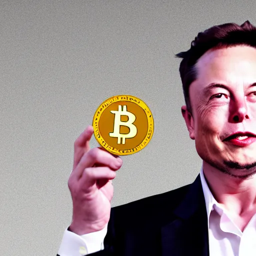 Image similar to Elon Musk holding a bitcoin, highly detailed, high quality, HD, 4k, 8k, Canon 300mm, professional photographer, 40mp, lifelike, top-rated, award winning, realistic, sharp, no blur, edited, corrected, trending