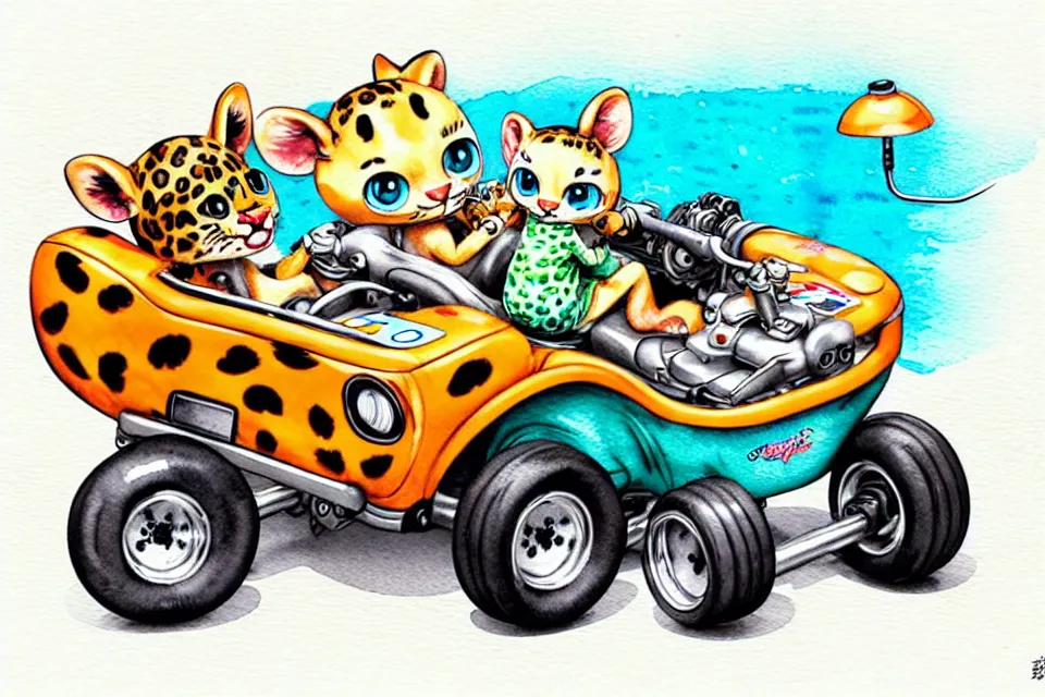 Image similar to cute and funny, baby leopard riding in a tiny go kart with oversized engine, ratfink style by ed roth, centered award winning watercolor pen illustration, isometric illustration by chihiro iwasaki, edited by range murata, tiny details by artgerm and watercolor girl, symmetrically isometrically centered