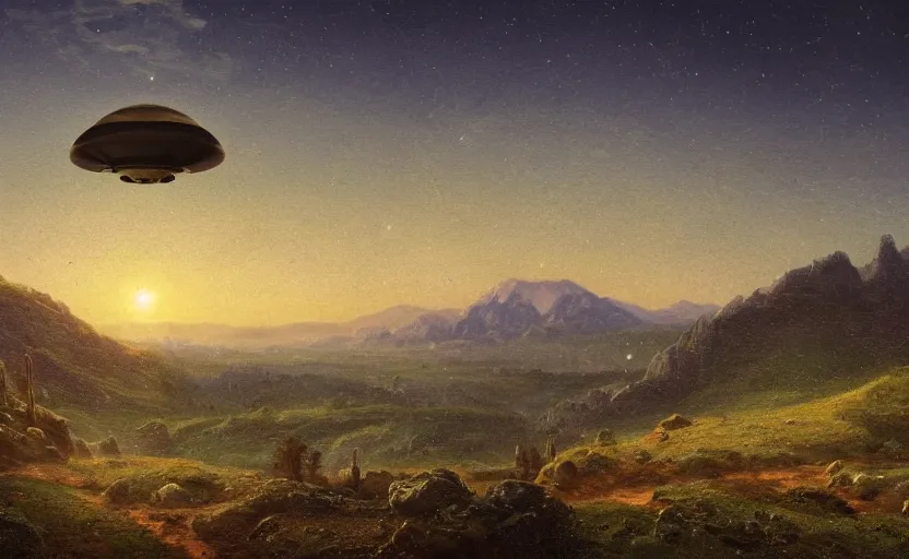 Prompt: crashed UFO on a hillside, close up shot, at dusk, distant mountains, 4k, rule of thirds, extreme detail, hazy, intricate ink illustration, trending on artstation, cgsociety, hd, calm, complimentary colours, realistic lighting, by Albert Bierstadt, Frederic Edwin Church.