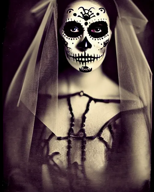 Prompt: tintype veiled woman dressed in dia de muertos makeup high quality photo, microchip, artificial intelligence, bio - mechanical bio - luminescence, black wired cables, neurons, nerve cells, cinematic, rim light, photo - realistic, high detail, 8 k, masterpiece, high fashion, in the style of steven meisel dora maar h. g. giger