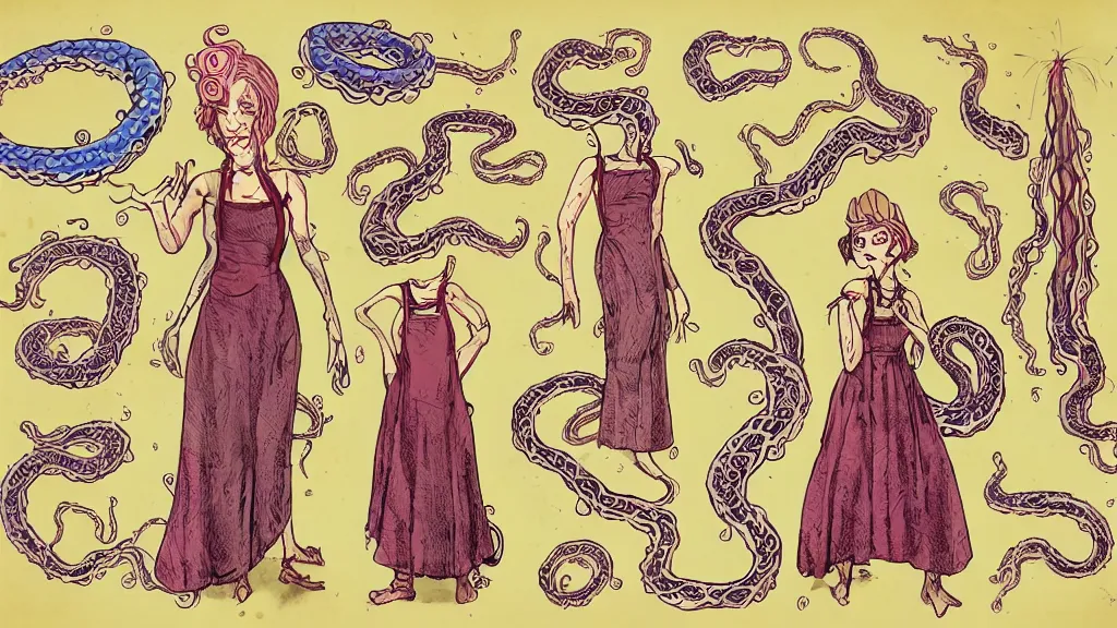 Prompt: aged paper, colorful character sheet for a stocky alien extraterrestrial female servant maid with thick snake - like tentacles instead of hair, long dress with apron, woodstock, psychedelic, 7 0 s, coherent, illustration, digital art, trending on artstation, hd, 8 k, good lighting, beautiful, rough paper, masterpiece