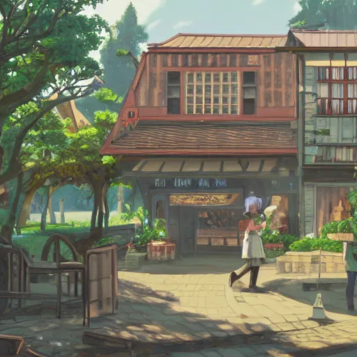 Image similar to concept art painting of a historic bakery with european and japanese architecture, in a woodland village surrounded by trees, realistic, detailed, cel shaded, in the style of makoto shinkai and greg rutkowski and james gurney