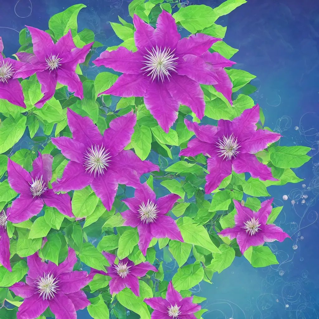 Image similar to clematis theme logo, clematis theme banner, clematis design, clematis in the deep sea, clematis like stars in the sky, trending on artstation, warm light, lovely and cute, fantasy art, 8 k resolution, highly detailed, pattern with optical illusion