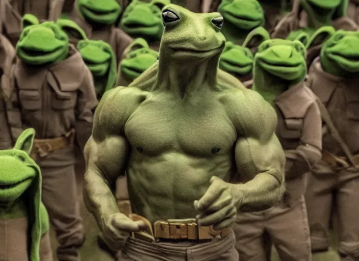 Image similar to handsome muscular kermit confronts an army of bunny rabbits film still directed by denis villeneuve