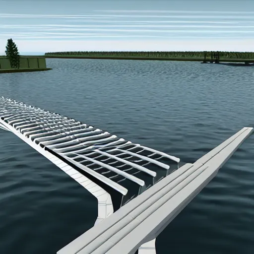 Image similar to ” futuristic pontoon bridge surrounded by water, by simon stalhagen ”