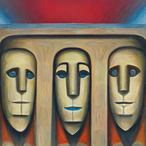 Prompt: three brutalist giant sacred robots visage, portrait, cathedral, dystopian, pj crook, edward hopper, oil on canvas