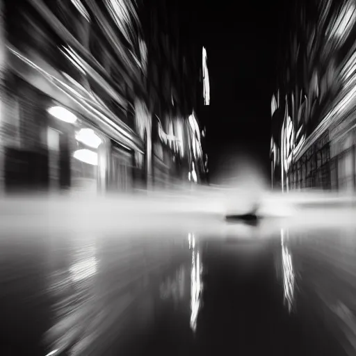 Prompt: an abstract photograph of a lonely male shadowy figure, he is dancing, there is a dark street, it is flooded with water, long exposure, motion blur, 35mm, black-and-white