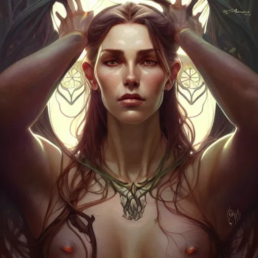 Image similar to portrait of forest gog, female, clear face, masculine, upper body, muscular, fantasy, intricate, elegant, highly detailed, digital painting, artstation, concept art, matte, sharp focus, illustration, art by artgerm and greg rutkowski and alphonse mucha