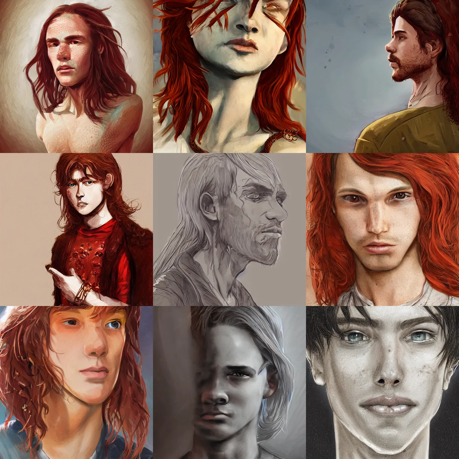 Prompt: portrait of a teen boy with long red hair and freckles and a stockier build, intricate, elegant, highly detailed, digital painting, artstation, concept art, sharp focus, illustration