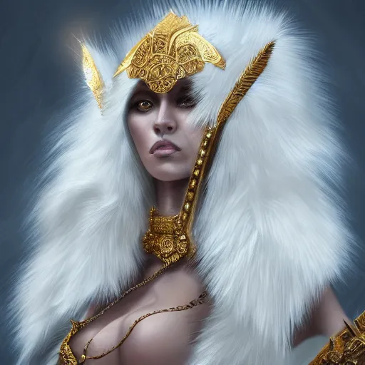 Image similar to portrait of a white human panter with a very long fur and gold jewelry, fantasy, trending on artstation, heroic pose, illustration, highly detailed, simple, 8k