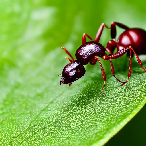 Image similar to cybernetic ant on a green leaf, macro photography, 8 k, cinematic lighting, shallow depth of field,