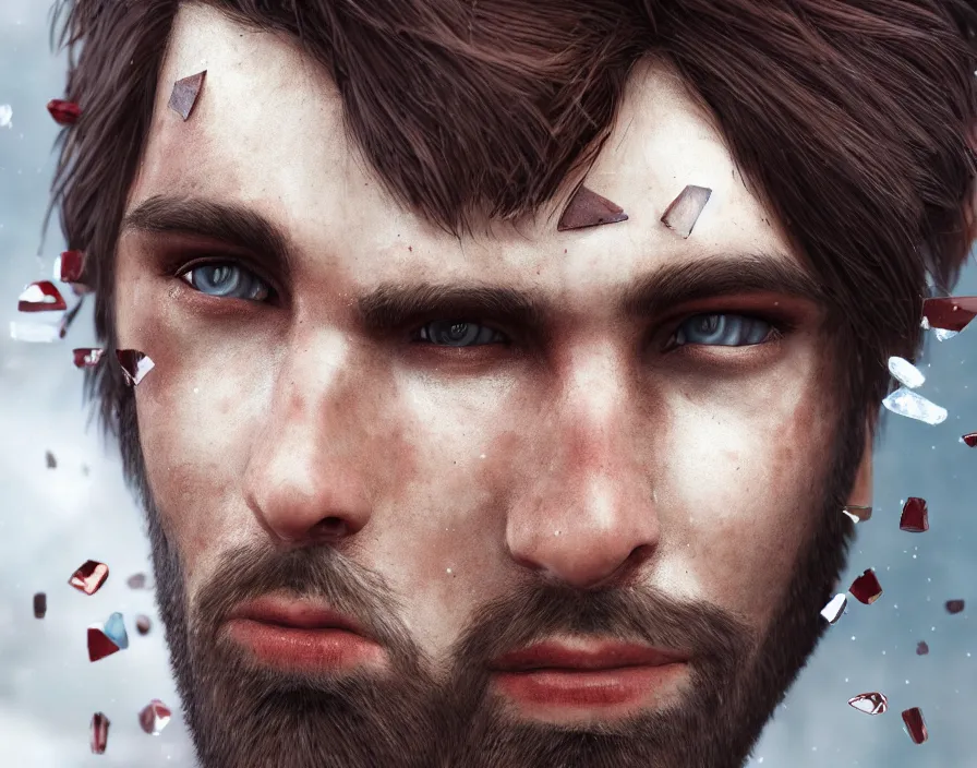 Image similar to male human face with crystal shards, realistic red eyes, brown hair, brown beard, beautiful graphics, fantasy artwork, very beautiful scenery, hd, hdr, ue 5, ue 6, unreal engine 5, cinematic 4 k wallpaper, 8 k, ultra detailed, by popular digital, details, beautiful image ever created, high resolution, artstation, award winning