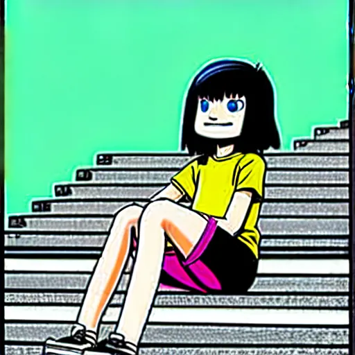 Image similar to skater girl sitting on steps by scott pilgrim, by bryan lee o'malley