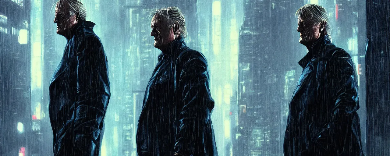 Image similar to duotone tech noir concept illustration 3 / 4 portrait of rutger hauer as roy baty in blade runner on rooftop in rain. cinematic volumentric lighting. accidental renaissance. by sachin teng and sergey kolesov and ruan jia and heng z. graffiti art, scifi, fantasy, hyper detailed. octane render. concept art. trending on artstation