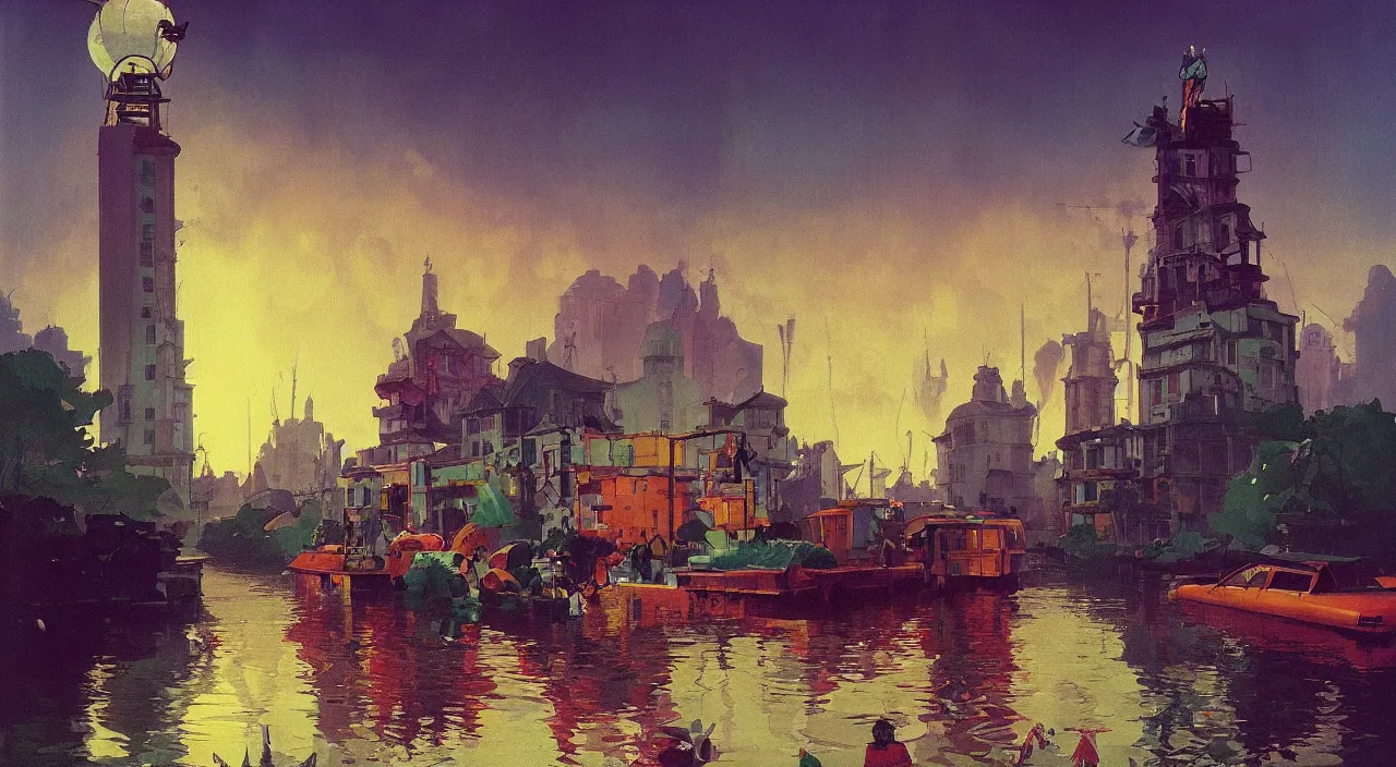 Image similar to flooded colorful single weird tower, very coherent high contrast!! painting by simon stalenhag carl spitzweg rene magritte syd mead norman rockwell edward hopper james gilleard, dark shadows, sunny day, triadic color scheme, hard lighting, masterpiece