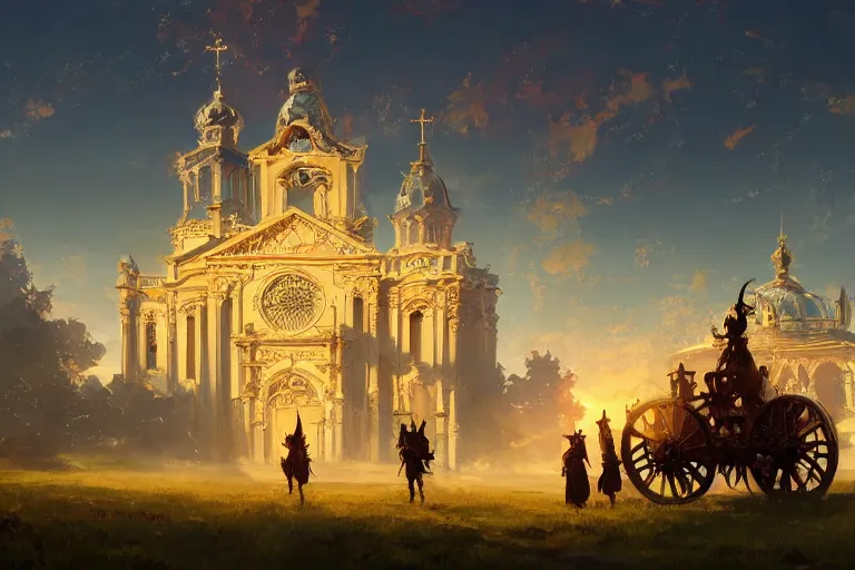 Image similar to a mobile driving ornate baroque church mounted on chainwheels, scene in an open field. key visual, conceptart, ambient lighting, highly detailed, digital painting, artstation, concept art, sharp focus, by makoto shinkai and akihiko yoshida and greg manchess