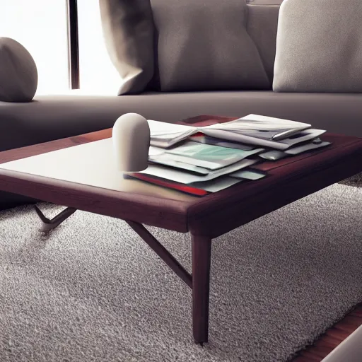 Prompt: Coffee table in a house, Cinema4D render, natural lighting, 4K