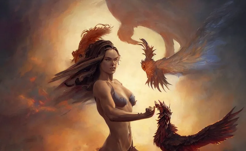 Prompt: A beautiful oil painting of an attractive young woman fighting a phoenix, by Lucas Graciano, Frank Frazetta, Greg Rutkowski, Boris Vallejo, epic fantasy character art, high fantasy, Exquisite detail, post-processing, low angle, masterpiece, cinematic