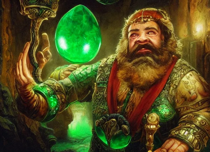 Image similar to a dwarven jeweler holding a gigantic glowing emerald. dramatic lighting. high fantasy art ( 1 9 8 7 )